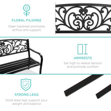 Load image into Gallery viewer, Steel Bench for Outdoor, Patio, Garden w/ Floral Design
