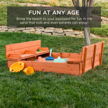 Load image into Gallery viewer, 47x47in Kids Cedar Sandbox w/ Sand Screen, 2 Benches - Brown
