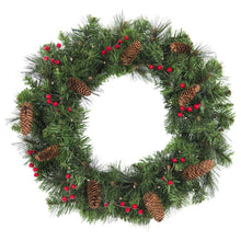 Load image into Gallery viewer, 24in Pre-Lit 50 Light Spruce Christmas Wreath w/ Pine Cones, Berries
