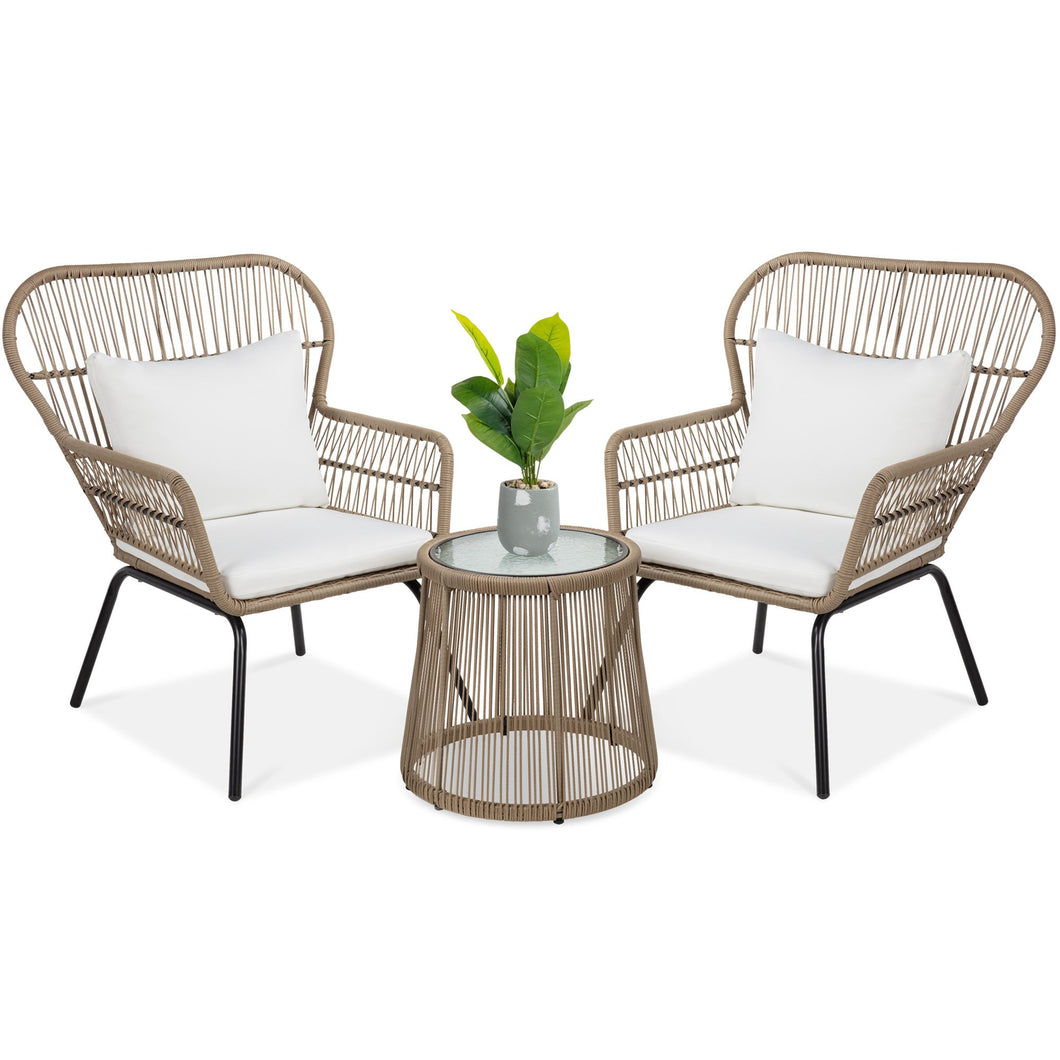 3-Piece Patio Wicker Conversation Bistro Set w/ 2 Chairs, Table, Cushions