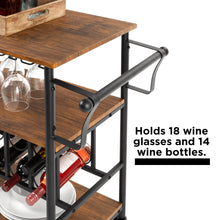 Load image into Gallery viewer, 45in Industrial Wood Shelf Bar &amp; Wine Cart w/ Bottle &amp; Glass Racks
