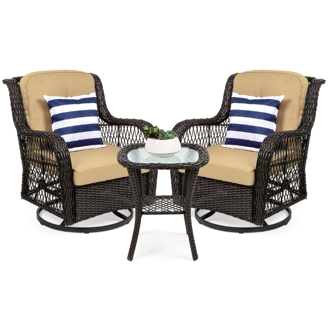 3-Piece Patio Wicker Bistro Furniture Set w/ 2 Swivel Rocking Chairs, Table