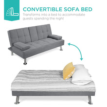 Load image into Gallery viewer, Linen Upholstered Convertible Sofa Bed Futon w/ 2 Cupholders
