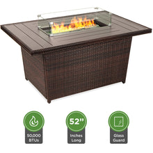 Load image into Gallery viewer, 52in Wicker Propane Fire Pit Table, 50,000 BTU w/ Glass Wind Guard, Cover
