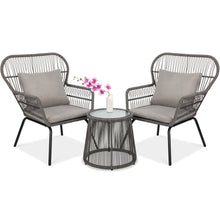 Load image into Gallery viewer, 3-Piece Patio Wicker Conversation Bistro Set w/ 2 Chairs, Table, Cushions
