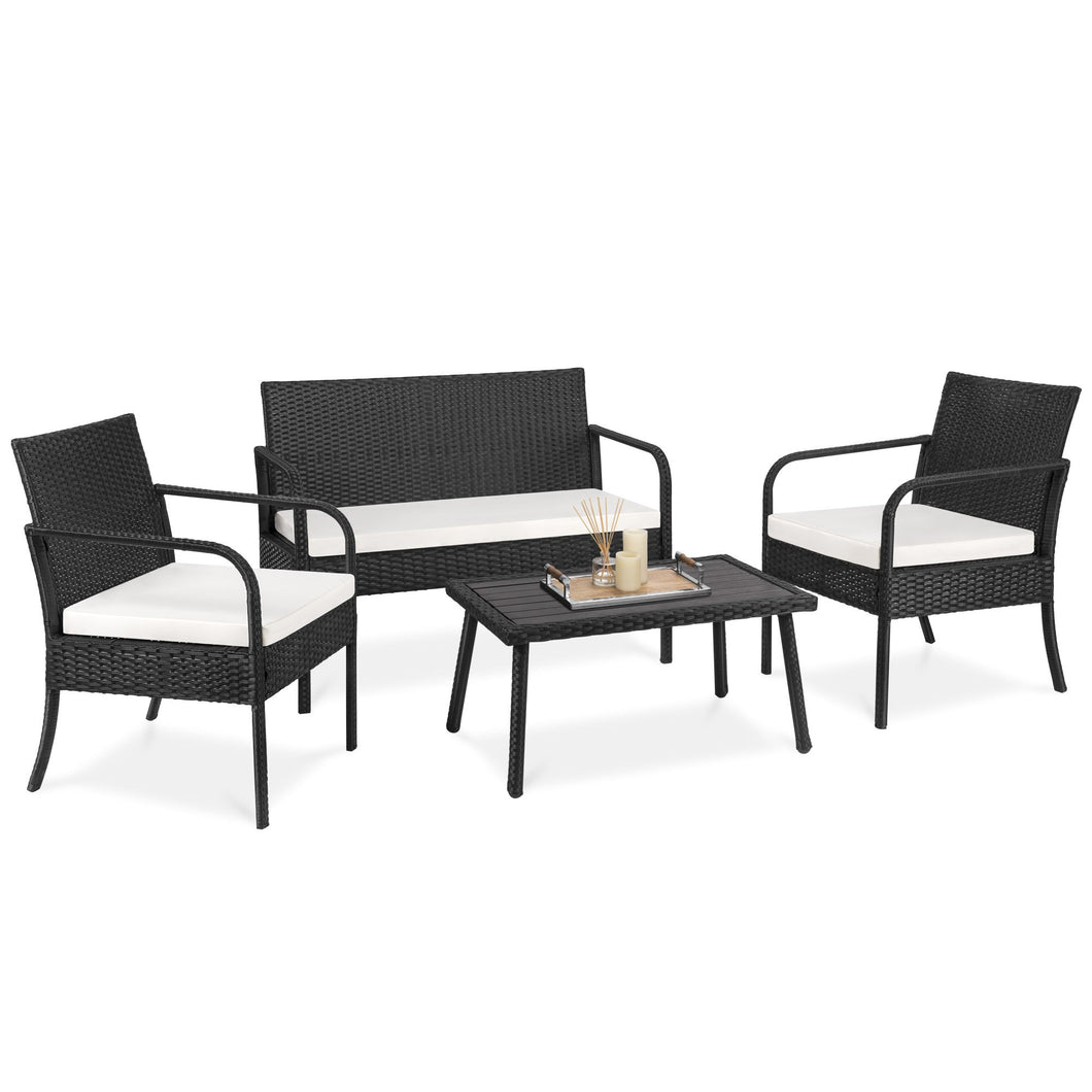 4-Piece Wicker Patio Conversation Set w/ Coffee Table, All-Weather Cushions