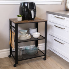 Load image into Gallery viewer, 3-Tier Rustic Industrial Rolling Utility Serving Cart w/ 2 Shelves, 4 Hooks
