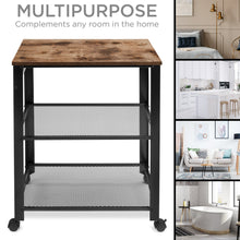 Load image into Gallery viewer, 3-Tier Rustic Industrial Rolling Utility Serving Cart w/ 2 Shelves, 4 Hooks
