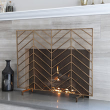 Load image into Gallery viewer, 38x31in Single Panel Iron Chevron Fireplace Screen w/ Antique Gold Finish
