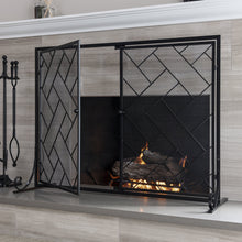 Load image into Gallery viewer, 44x33in 2-Panel Wrought Iron Geometric Fireplace Screen w/ Magnetic Doors
