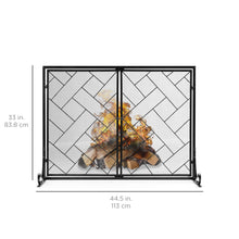 Load image into Gallery viewer, 44x33in 2-Panel Wrought Iron Geometric Fireplace Screen w/ Magnetic Doors
