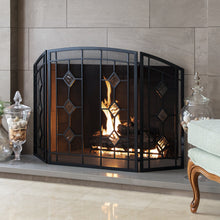 Load image into Gallery viewer, 3-Panel 48x30in Glass Diamond Accent Handcrafted Iron Fireplace Screen
