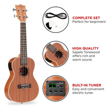 Load image into Gallery viewer, 23in Acoustic Electric Concert Sapele Ukulele Starter Kit w/ Built-in Tuner
