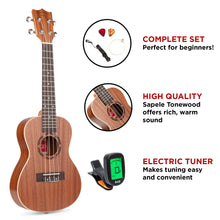 Load image into Gallery viewer, 23in Acoustic Concert Sapele Ukulele Starter Kit w/ Gig Bag, Strap, Tuner
