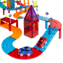 Load image into Gallery viewer, 105-Piece Kids Magnetic Tile Car Race Track STEM Building Toy Set w/ 2 Cars
