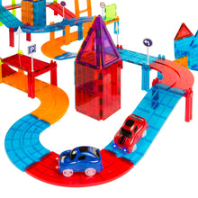 Load image into Gallery viewer, 212-Piece Kids Magnetic Tile Car Race Track STEM Building Toy Set w/ 2 Cars
