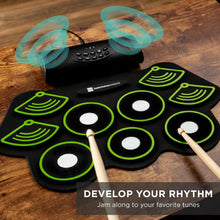 Load image into Gallery viewer, 9 Pad Roll Up Bluetooth Electric Drum Set w/ Headphone Jack, Speaker, Pedal
