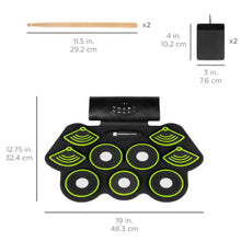 Load image into Gallery viewer, 9 Pad Roll Up Bluetooth Electric Drum Set w/ Headphone Jack, Speaker, Pedal
