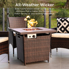 Load image into Gallery viewer, 28in Fire Pit Table 50,000 BTU Wicker Propane w/ Faux Wood Tabletop, Cover
