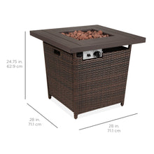 Load image into Gallery viewer, 28in Fire Pit Table 50,000 BTU Wicker Propane w/ Faux Wood Tabletop, Cover
