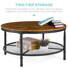 Load image into Gallery viewer, 2-Tier 35.5&quot; Round Industrial Wood &amp; Steel Coffee Table, Storage Shelves
