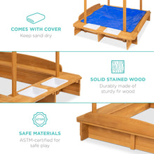 Load image into Gallery viewer, Kids Wooden Cabana Sandbox w/ Benches, Canopy Shade, Sand Cover, 2 Buckets
